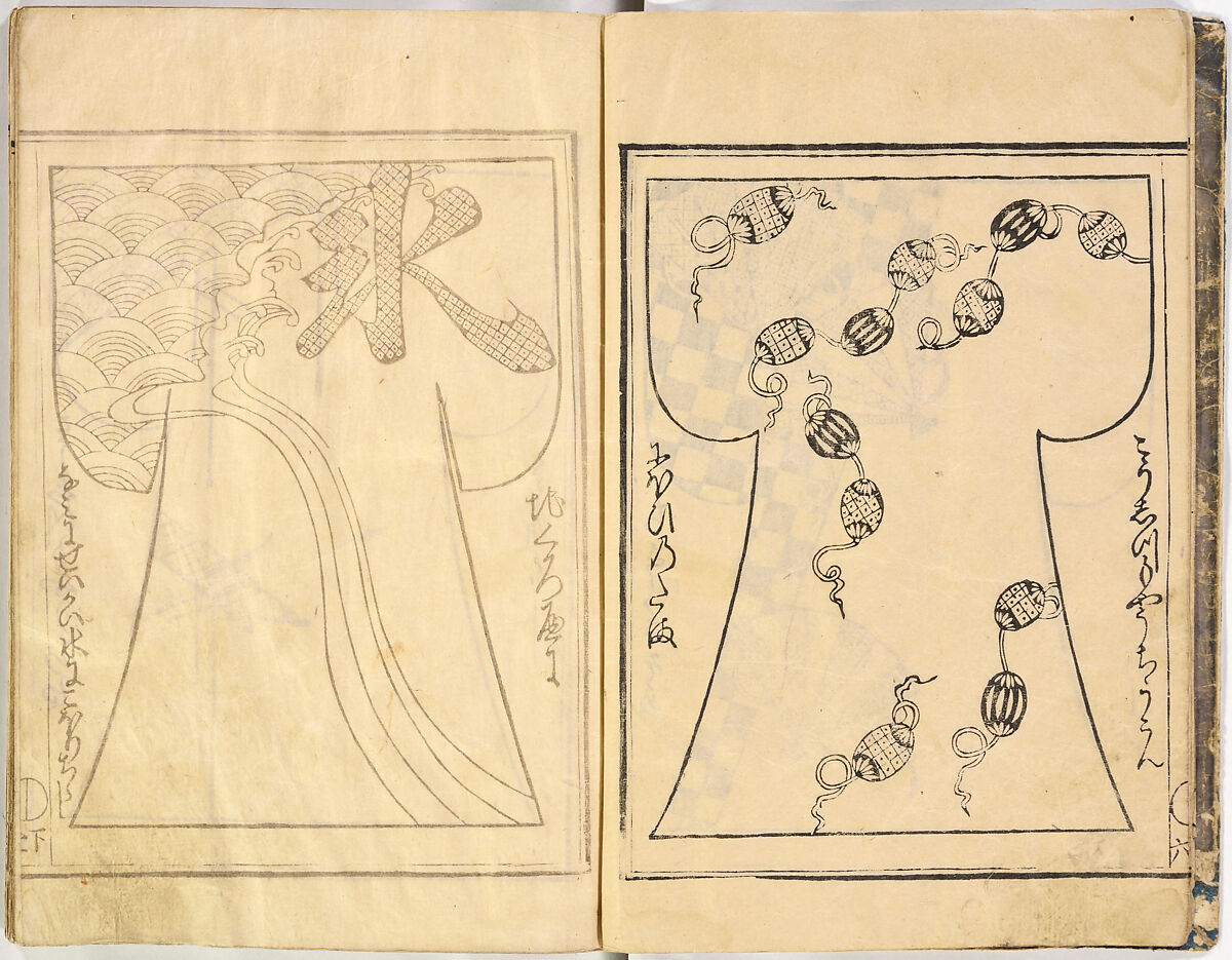 Kosode Pattern Book (On-Hiinagata)  vol. 1, One of a set of two woodblock-printed books; ink and red color on paper, Japan