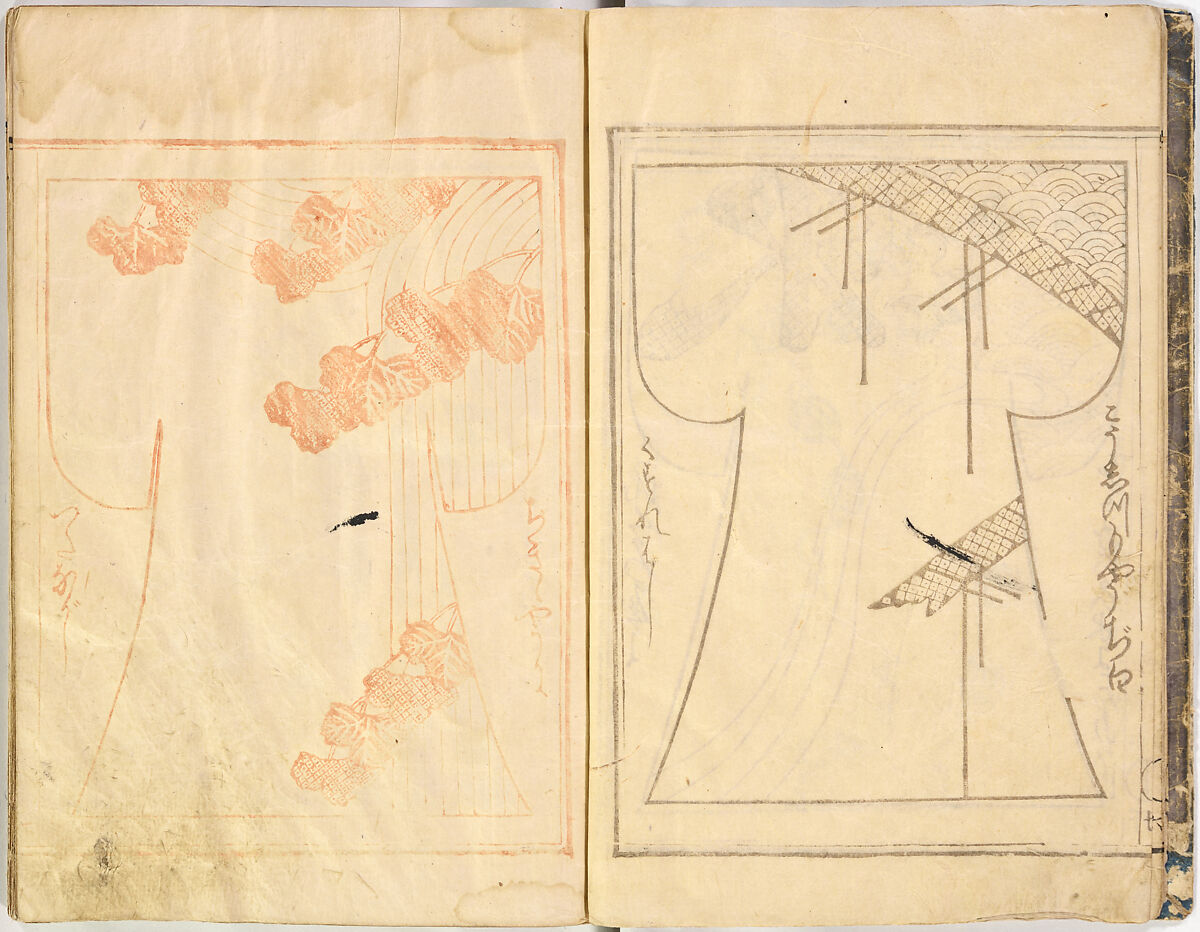 Kosode Pattern Book (On-Hiinagata)  vol. 1, One of a set of two woodblock-printed books; ink and red color on paper, Japan