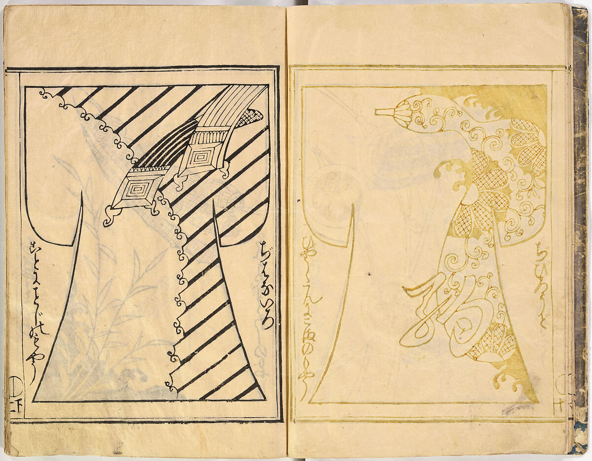 Kosode Pattern Book (On-Hiinagata)  vol. 1, One of a set of two woodblock-printed books; ink and red color on paper, Japan