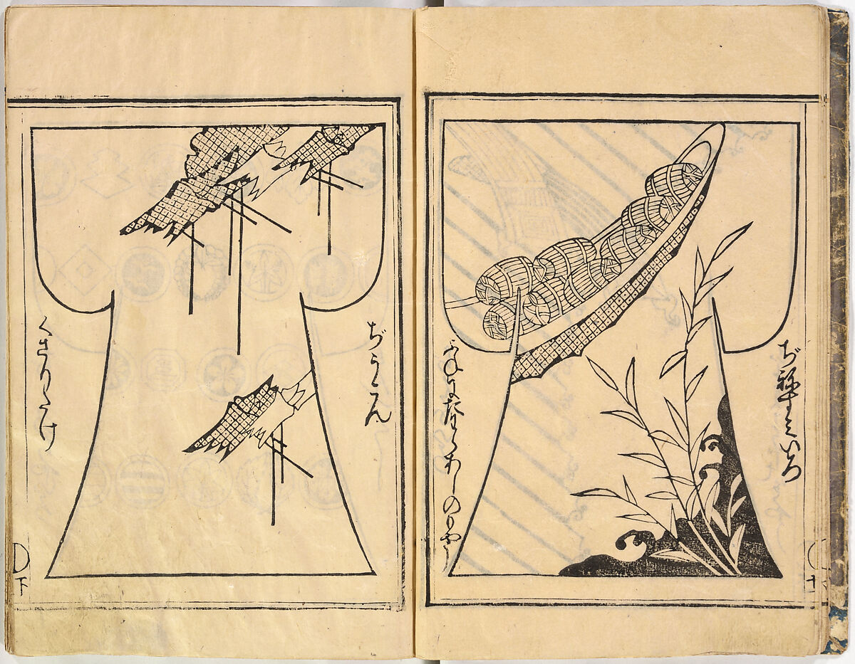 Kosode Pattern Book (On-Hiinagata)  vol. 1, One of a set of two woodblock-printed books; ink and red color on paper, Japan