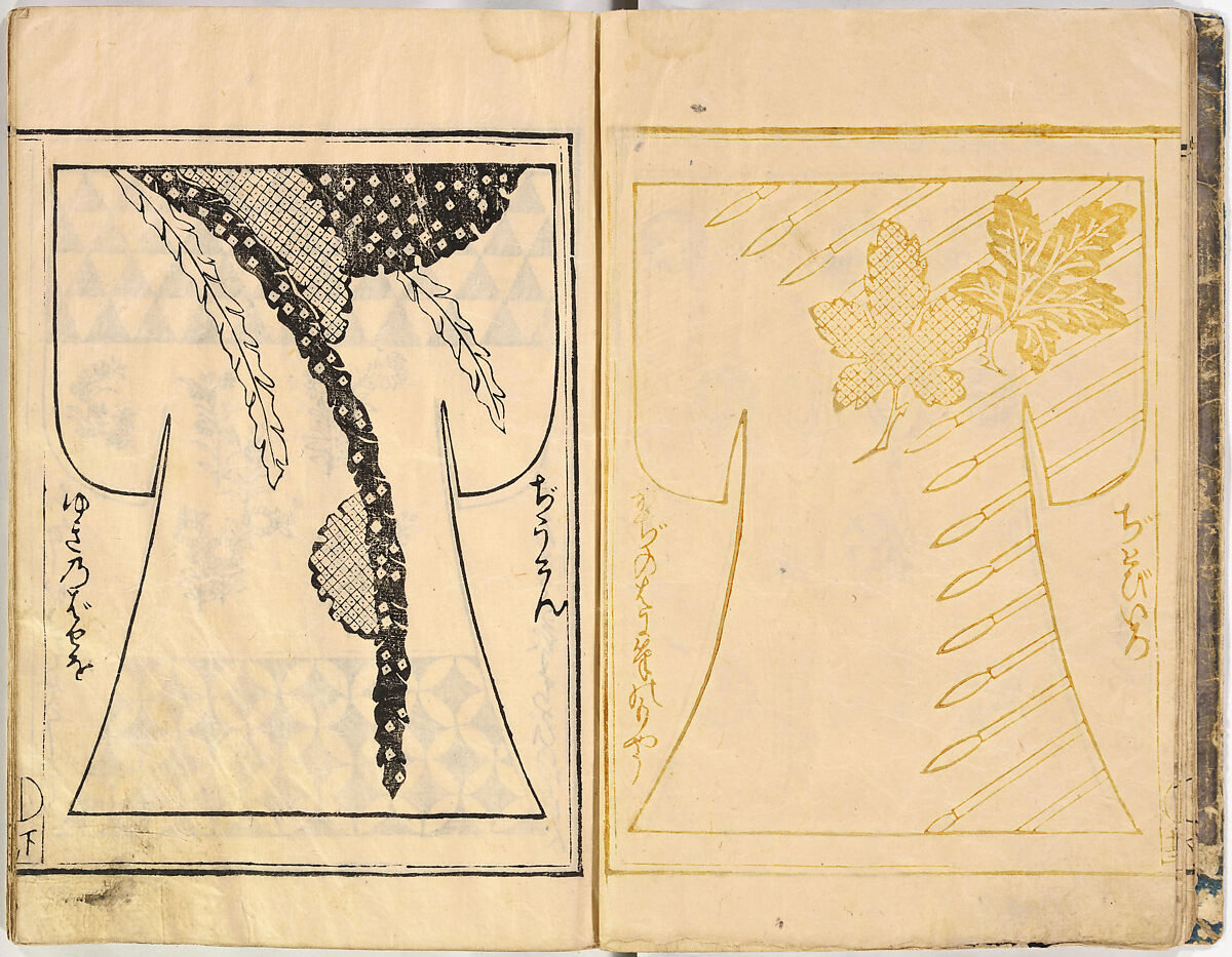 Kosode Pattern Book (On-Hiinagata)  vol. 1, One of a set of two woodblock-printed books; ink and red color on paper, Japan
