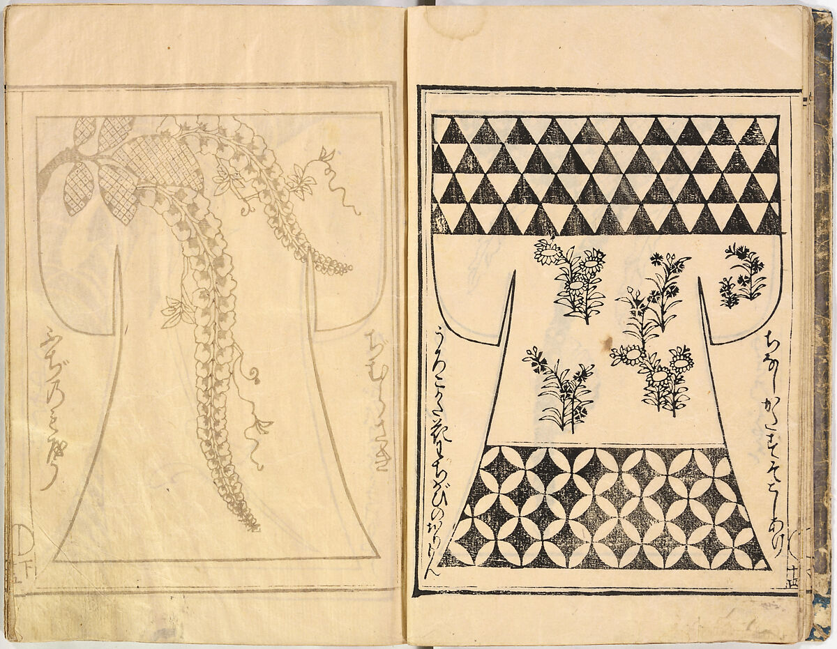 Kosode Pattern Book (On-Hiinagata)  vol. 1, One of a set of two woodblock-printed books; ink and red color on paper, Japan