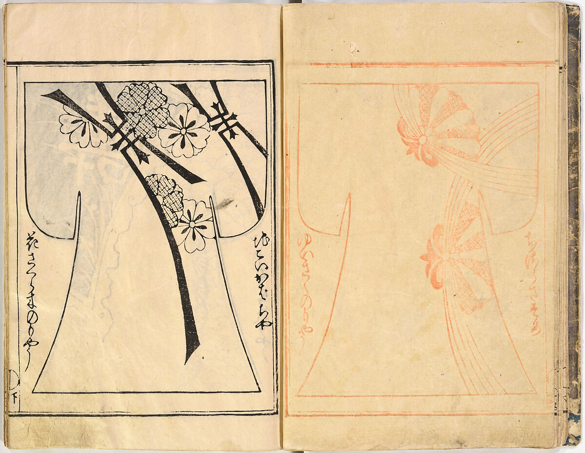 Kosode Pattern Book (On-Hiinagata)  vol. 1, One of a set of two woodblock-printed books; ink and red color on paper, Japan