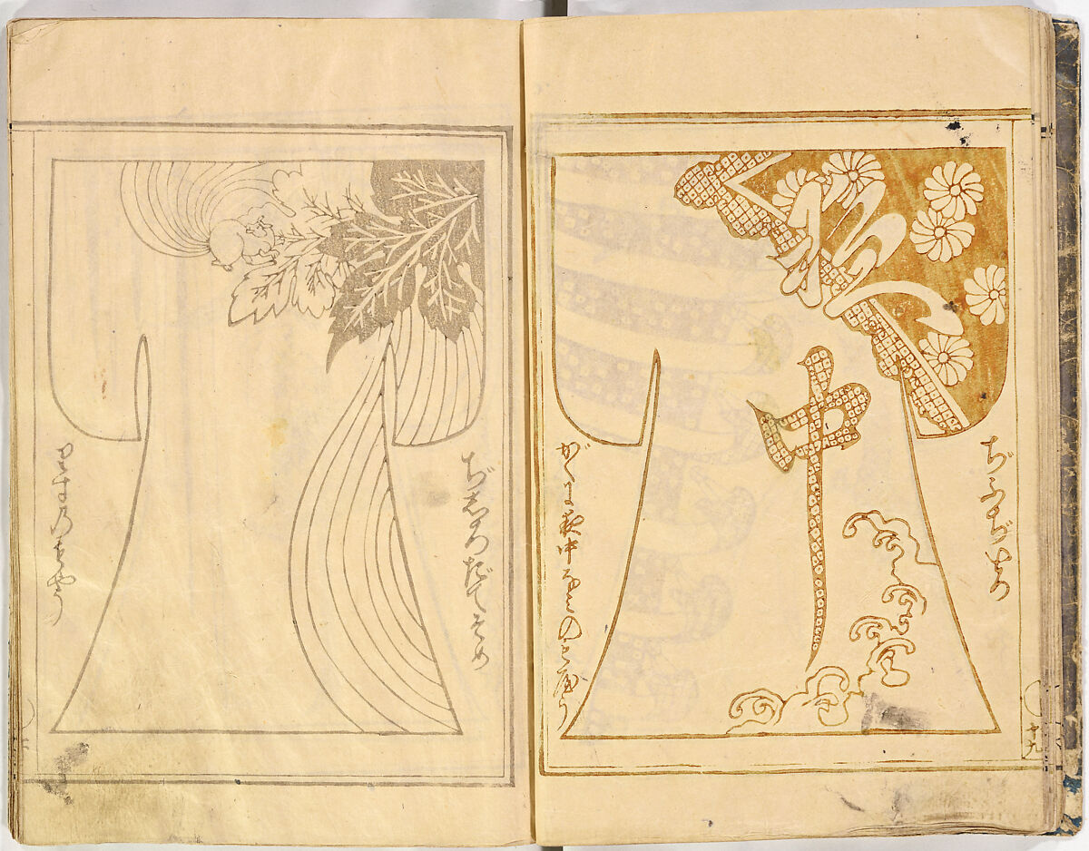 Kosode Pattern Book (On-Hiinagata)  vol. 1, One of a set of two woodblock-printed books; ink and red color on paper, Japan