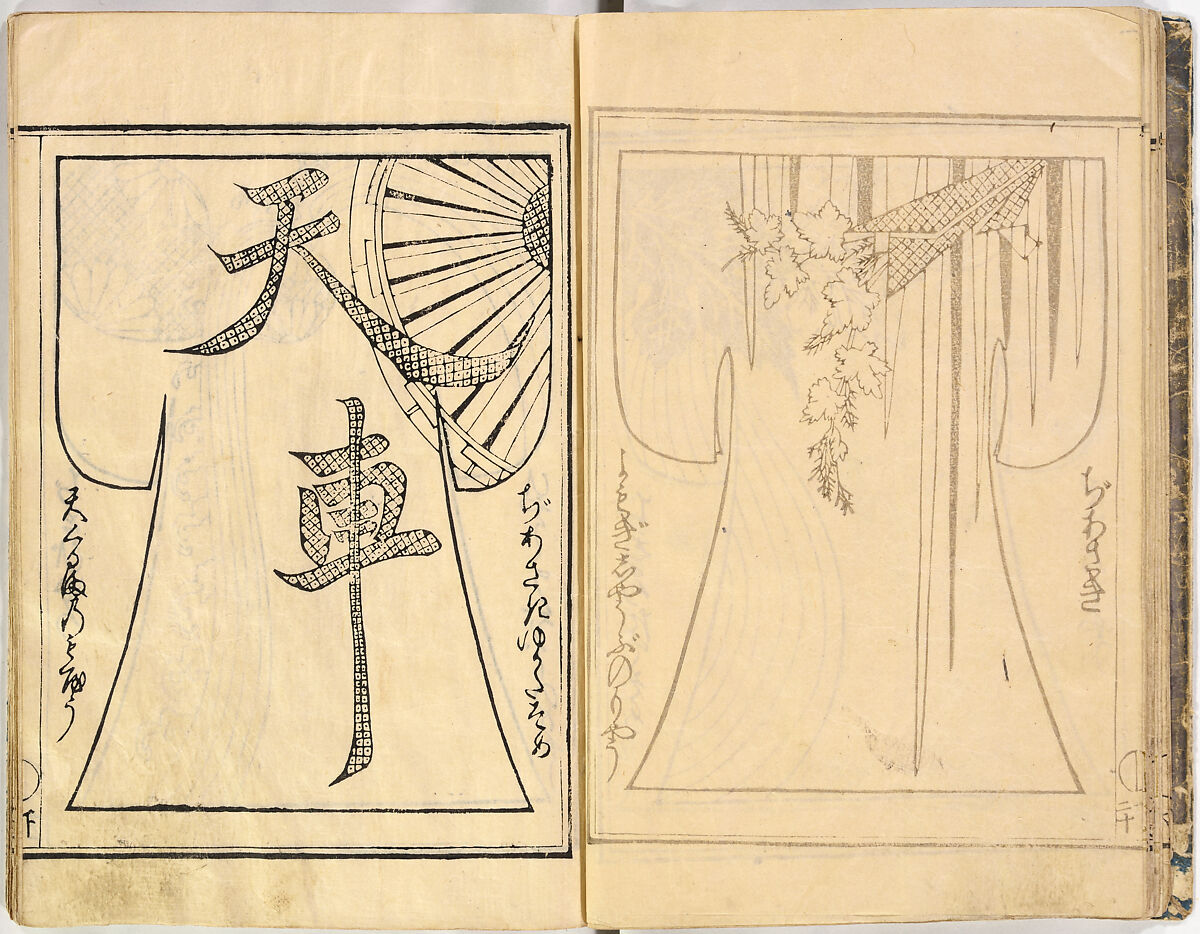 Kosode Pattern Book (On-Hiinagata)  vol. 1, One of a set of two woodblock-printed books; ink and red color on paper, Japan
