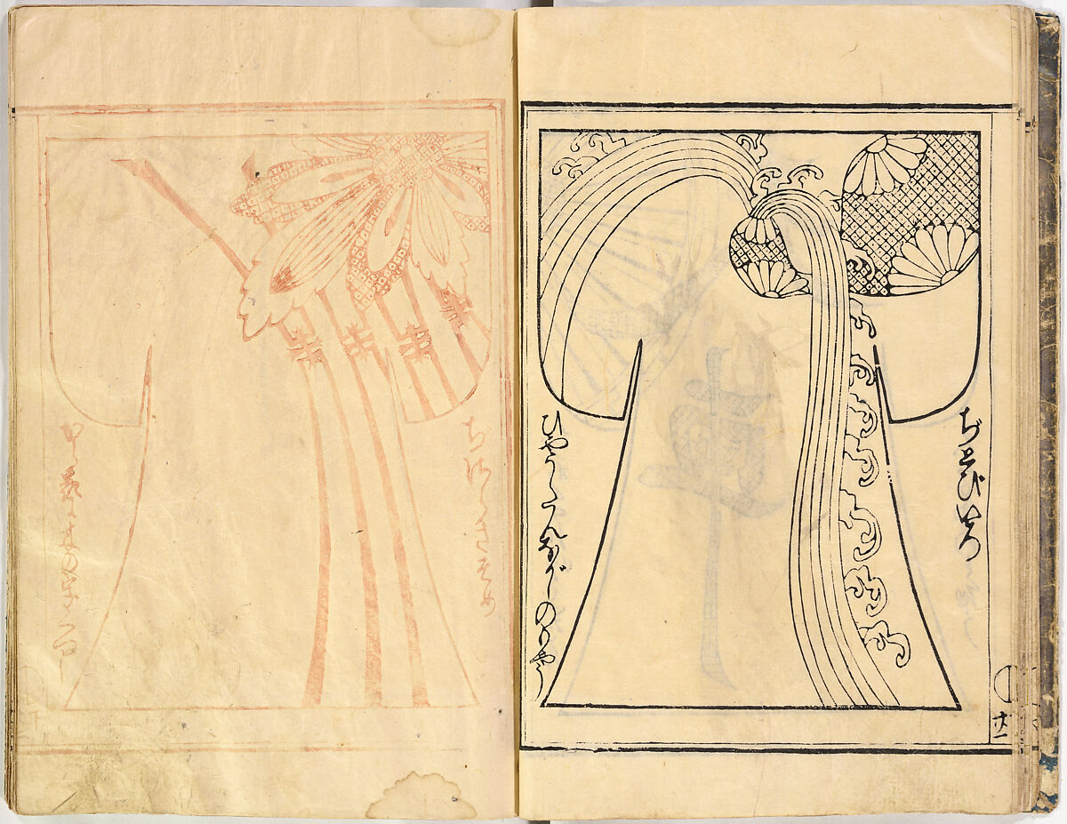 Kosode Pattern Book (On-Hiinagata)  vol. 1, One of a set of two woodblock-printed books; ink and red color on paper, Japan