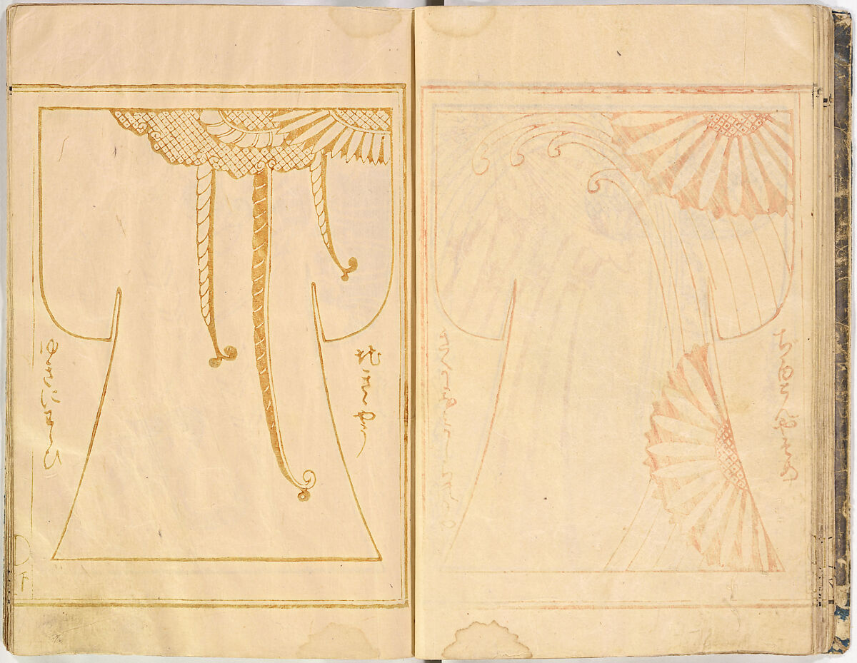 Kosode Pattern Book (On-Hiinagata)  vol. 1, One of a set of two woodblock-printed books; ink and red color on paper, Japan