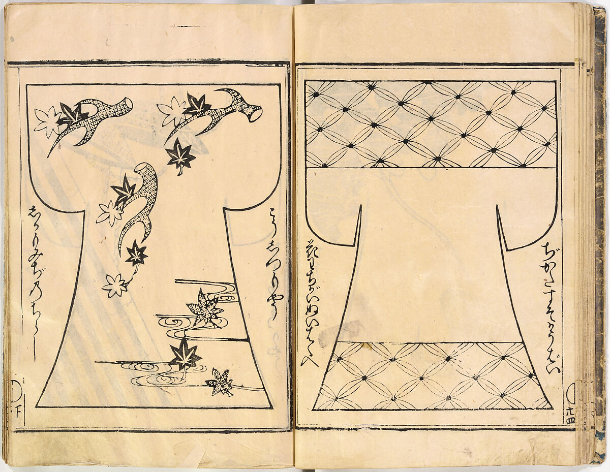 Kosode Pattern Book (On-Hiinagata)  vol. 1, One of a set of two woodblock-printed books; ink and red color on paper, Japan