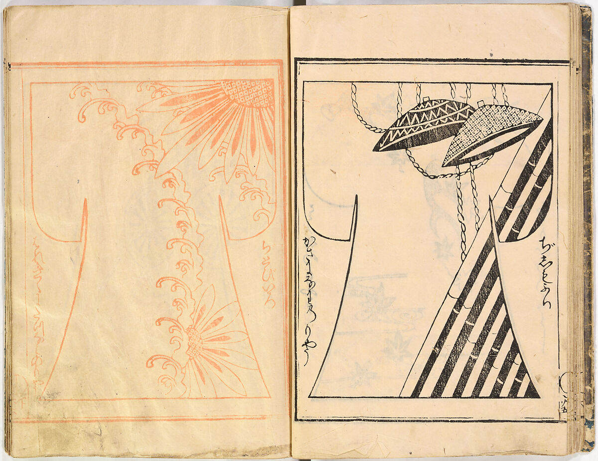 Kosode Pattern Book (On-Hiinagata)  vol. 1, One of a set of two woodblock-printed books; ink and red color on paper, Japan