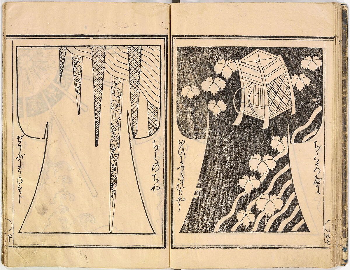 Kosode Pattern Book (On-Hiinagata)  vol. 1, One of a set of two woodblock-printed books; ink and red color on paper, Japan