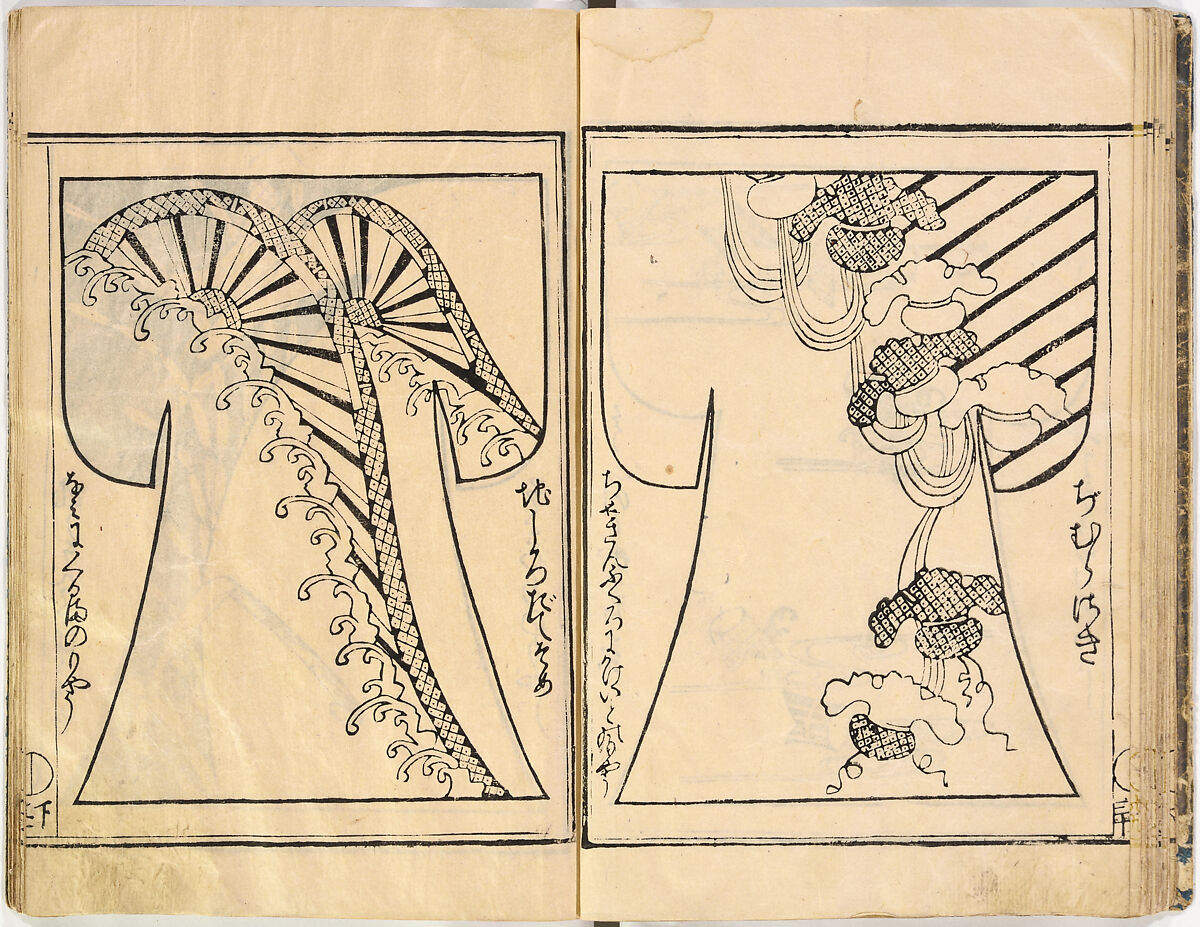 Kosode Pattern Book (On-Hiinagata)  vol. 1, One of a set of two woodblock-printed books; ink and red color on paper, Japan