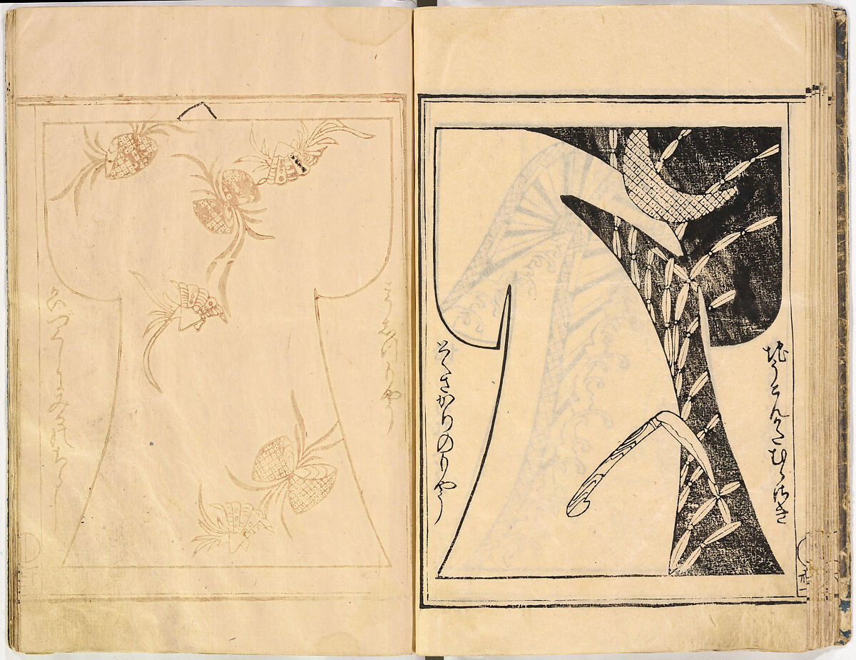 Kosode Pattern Book (On-Hiinagata)  vol. 1, One of a set of two woodblock-printed books; ink and red color on paper, Japan