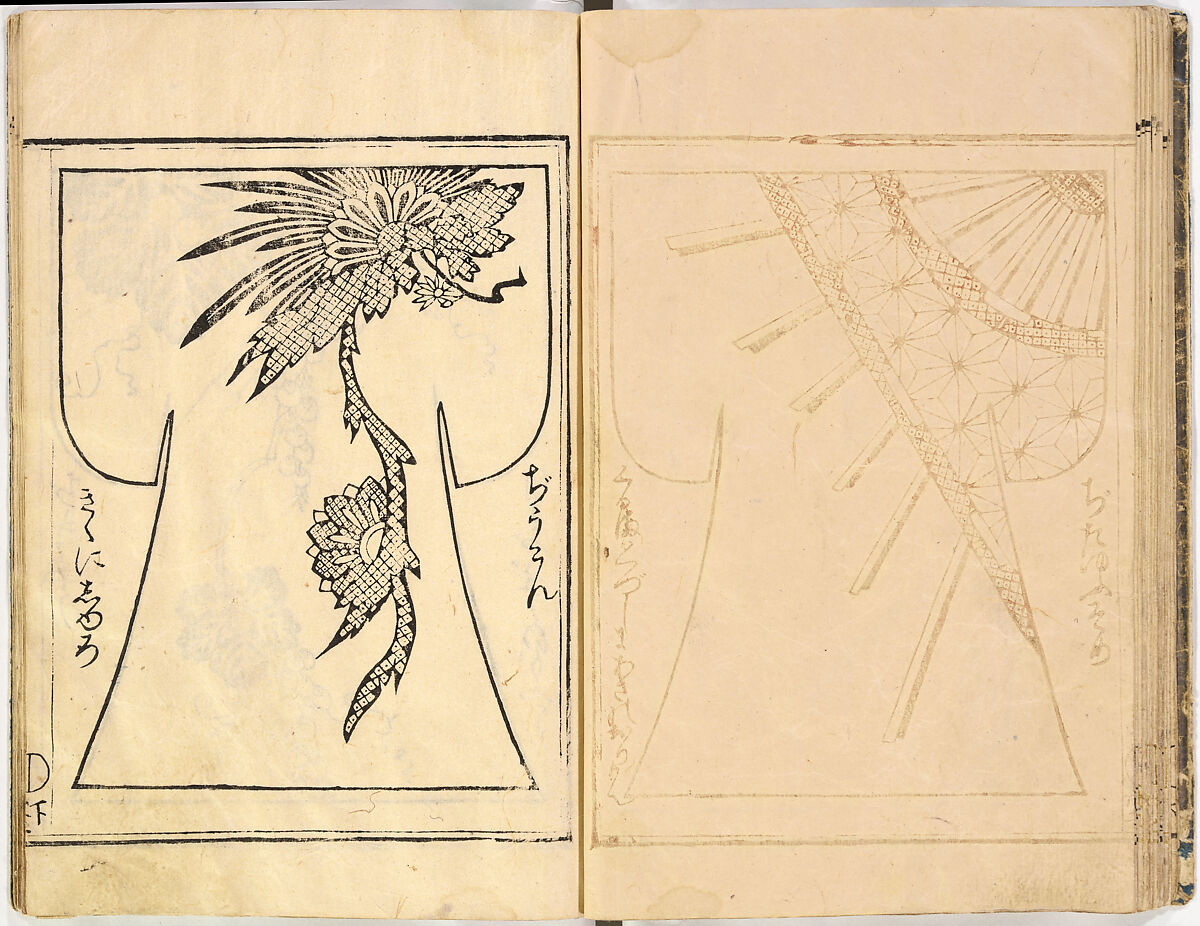 Kosode Pattern Book (On-Hiinagata)  vol. 1, One of a set of two woodblock-printed books; ink and red color on paper, Japan