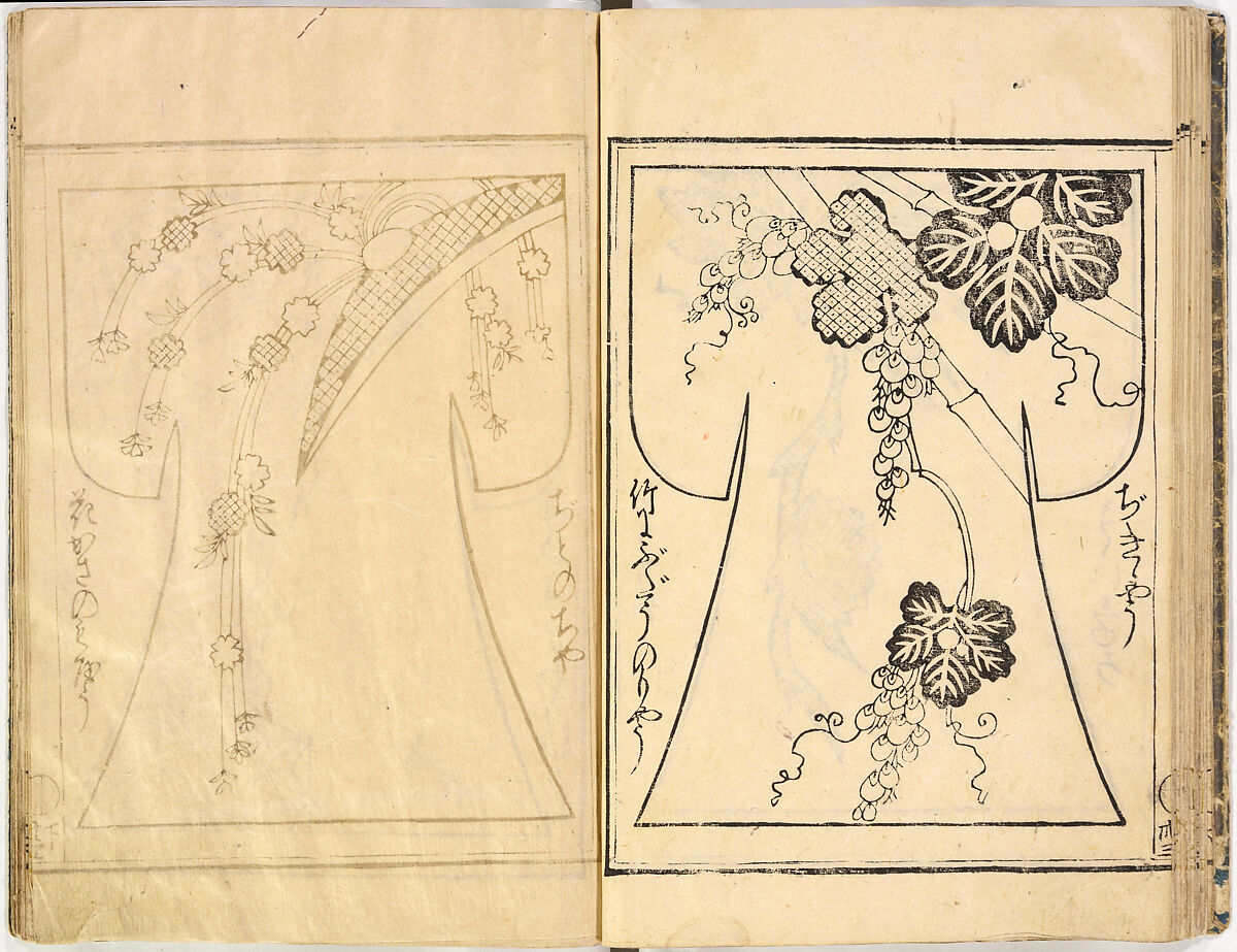 Kosode Pattern Book (On-Hiinagata)  vol. 1, One of a set of two woodblock-printed books; ink and red color on paper, Japan