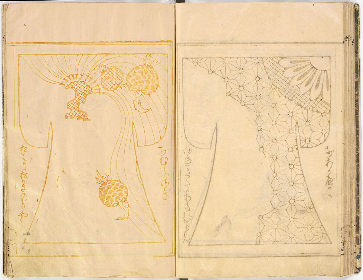 Kosode Pattern Book (On-Hiinagata)  vol. 1, One of a set of two woodblock-printed books; ink and red color on paper, Japan