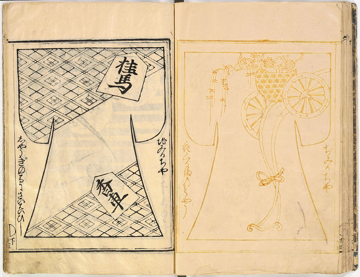 Kosode Pattern Book (On-Hiinagata)  vol. 1, One of a set of two woodblock-printed books; ink and red color on paper, Japan