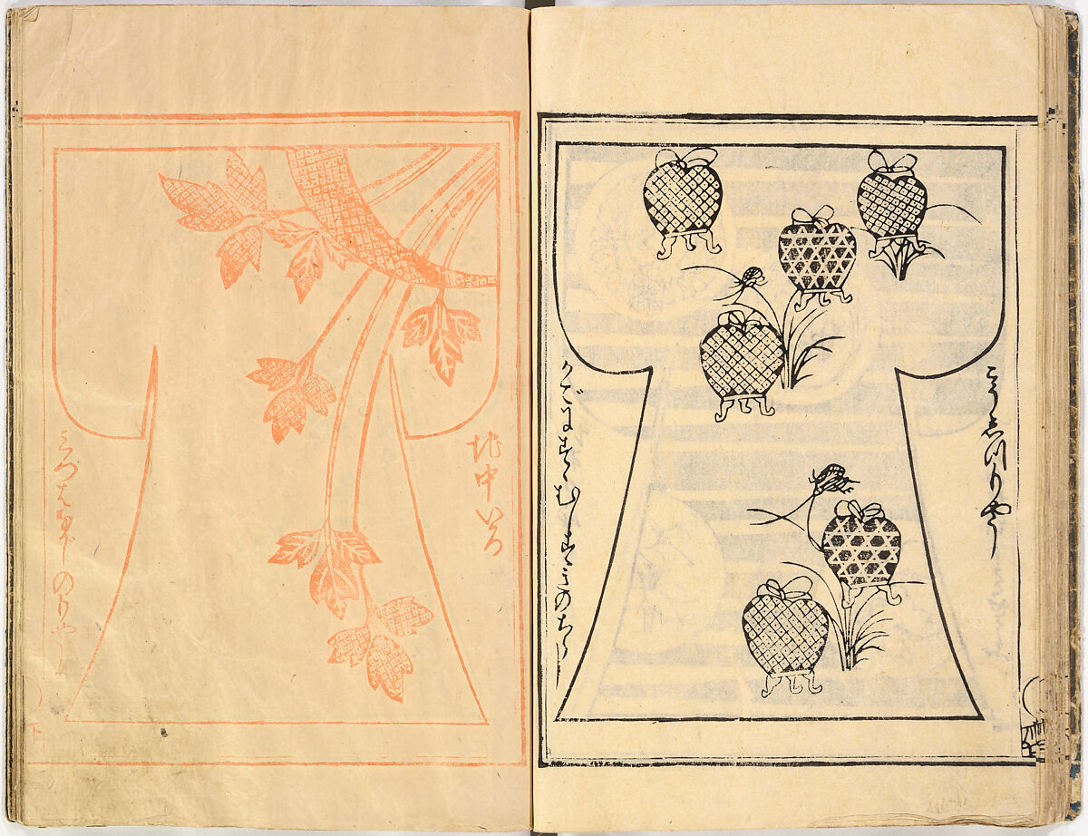 Kosode Pattern Book (On-Hiinagata)  vol. 1, One of a set of two woodblock-printed books; ink and red color on paper, Japan