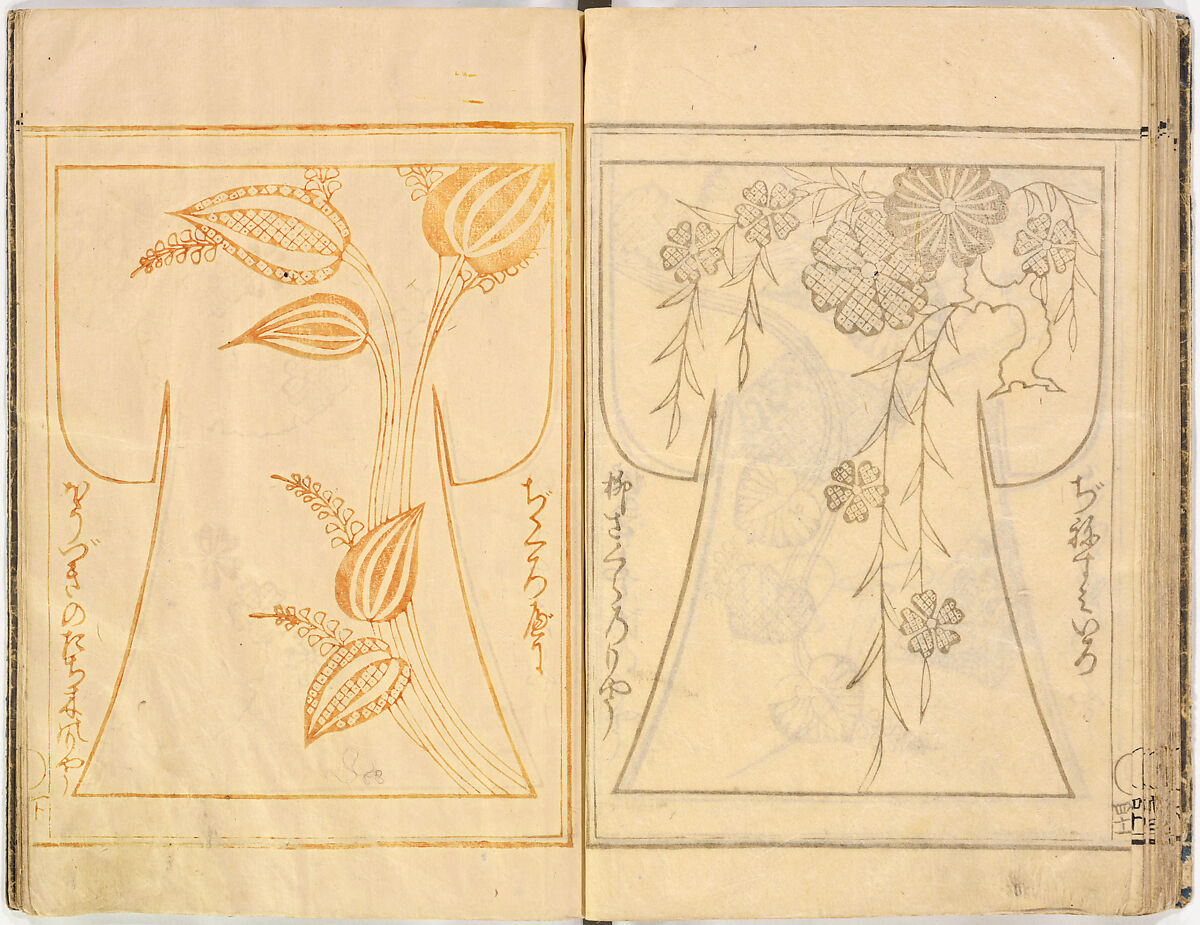 Kosode Pattern Book (On-Hiinagata)  vol. 1, One of a set of two woodblock-printed books; ink and red color on paper, Japan