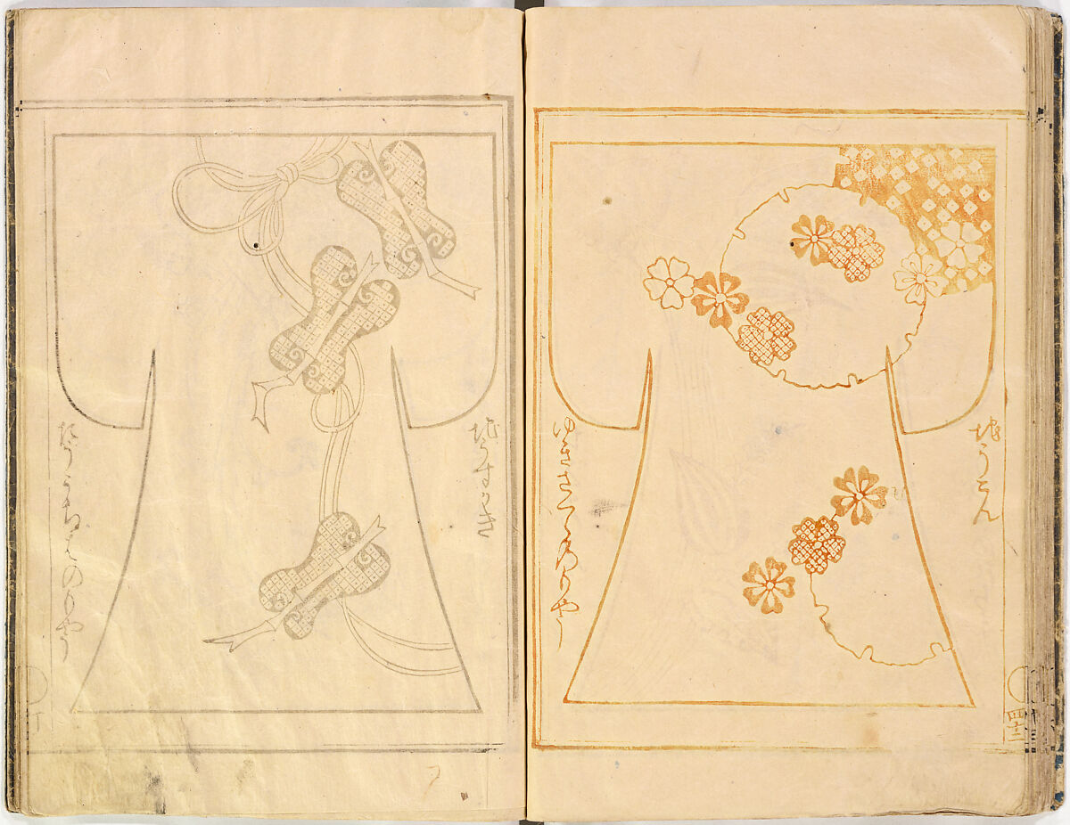 Kosode Pattern Book (On-Hiinagata)  vol. 1, One of a set of two woodblock-printed books; ink and red color on paper, Japan