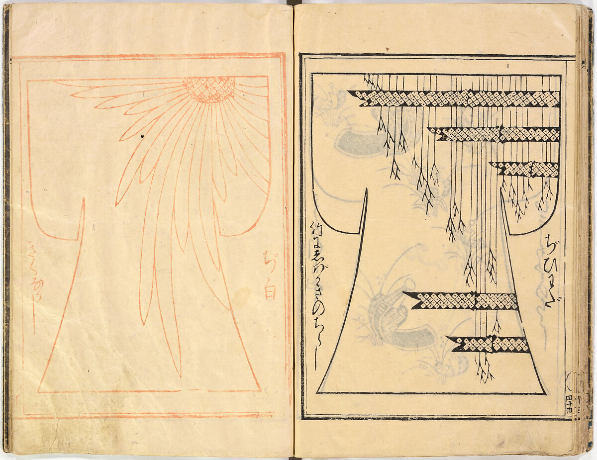 Kosode Pattern Book (On-Hiinagata)  vol. 1, One of a set of two woodblock-printed books; ink and red color on paper, Japan
