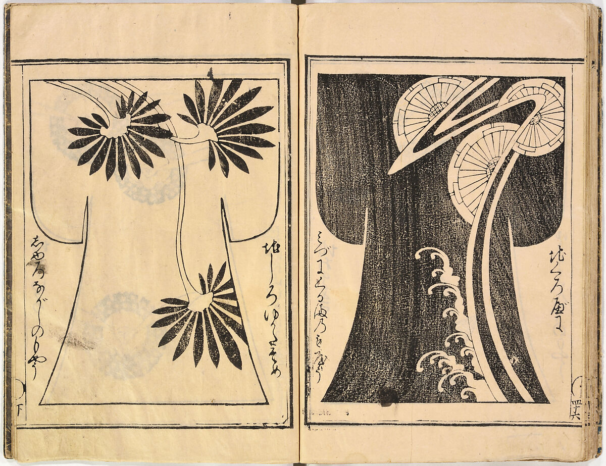 Kosode Pattern Book (On-Hiinagata)  vol. 1, One of a set of two woodblock-printed books; ink and red color on paper, Japan