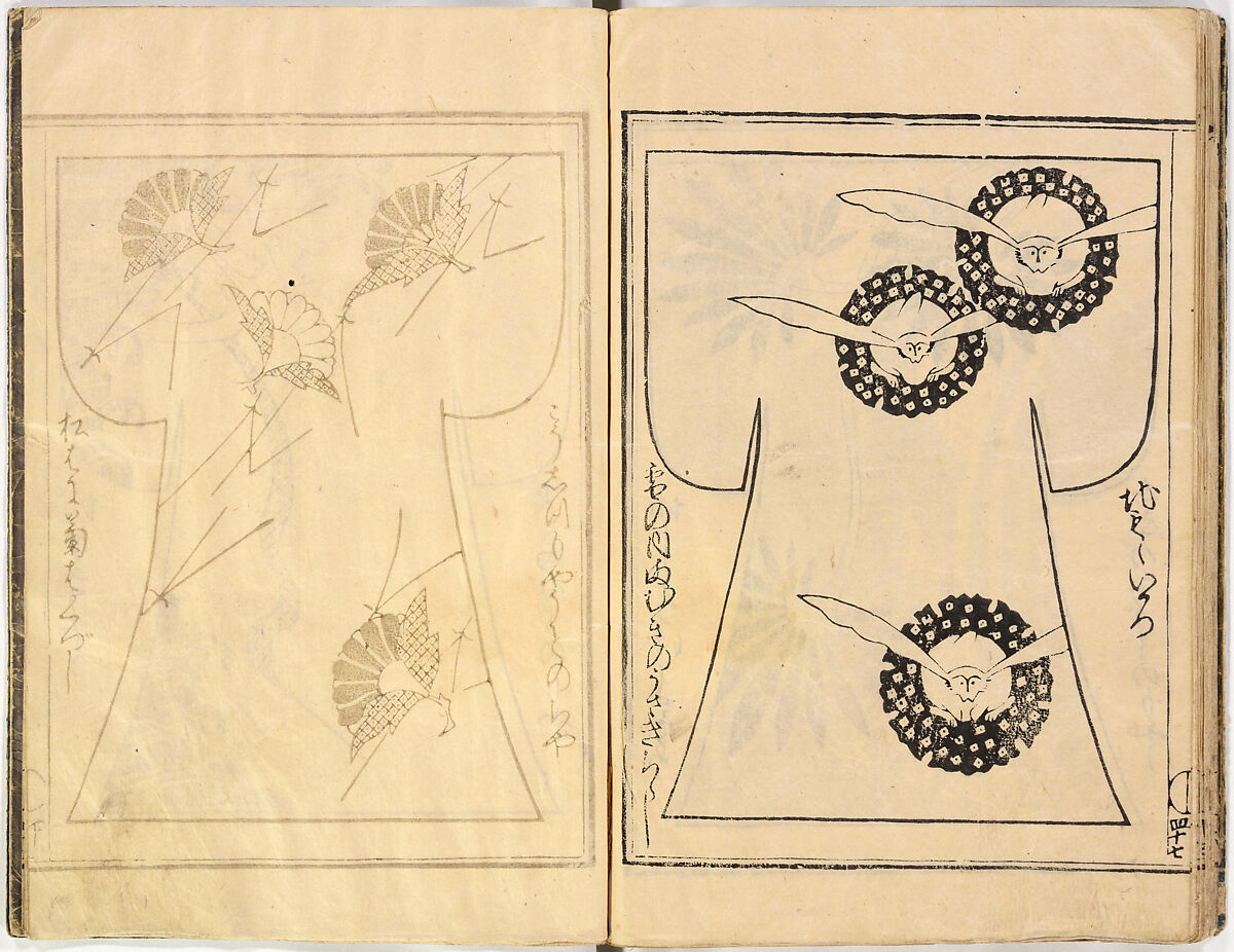 Kosode Pattern Book (On-Hiinagata)  vol. 1, One of a set of two woodblock-printed books; ink and red color on paper, Japan