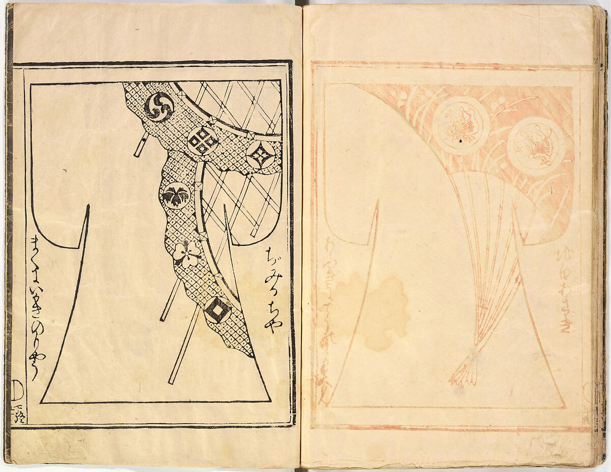 Kosode Pattern Book (On-Hiinagata)  vol. 1, One of a set of two woodblock-printed books; ink and red color on paper, Japan
