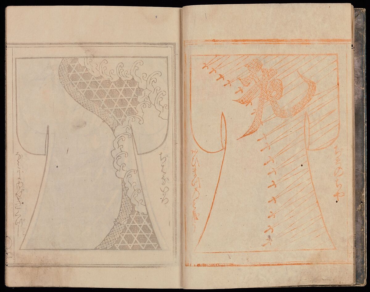 Kosode Pattern Book (On-Hiinagata)  vol. 1, One of a set of two woodblock-printed books; ink and red color on paper, Japan