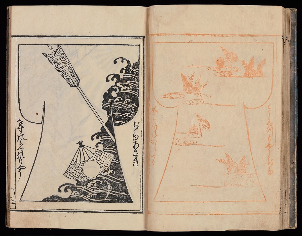 Kosode Pattern Book (On-Hiinagata)  vol. 1, One of a set of two woodblock-printed books; ink and red color on paper, Japan
