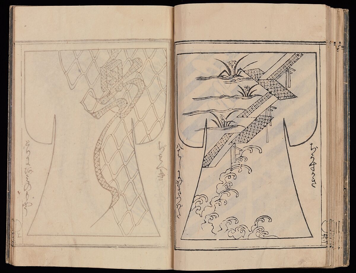 Kosode Pattern Book (On-Hiinagata)  vol. 1, One of a set of two woodblock-printed books; ink and red color on paper, Japan