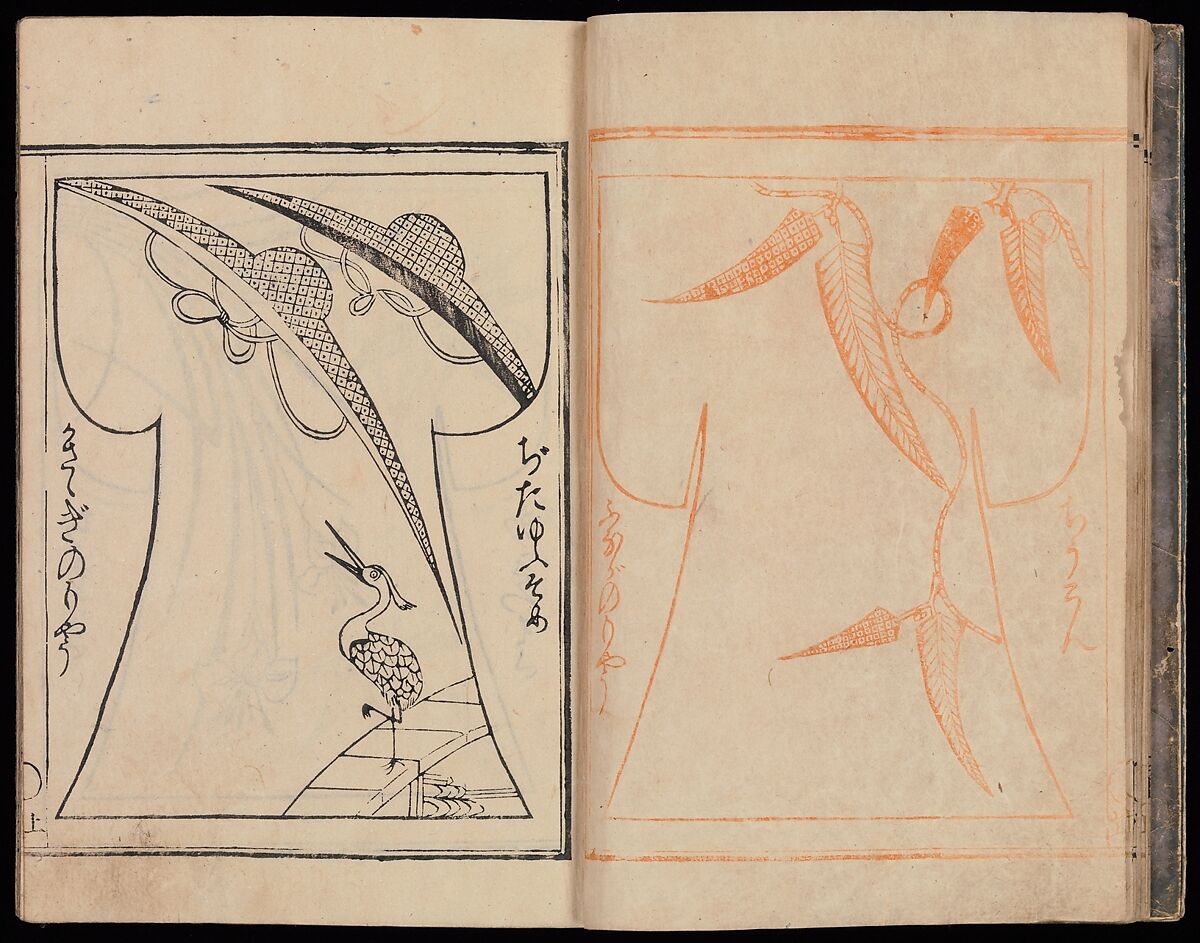 Kosode Pattern Book (On-Hiinagata)  vol. 1, One of a set of two woodblock-printed books; ink and red color on paper, Japan