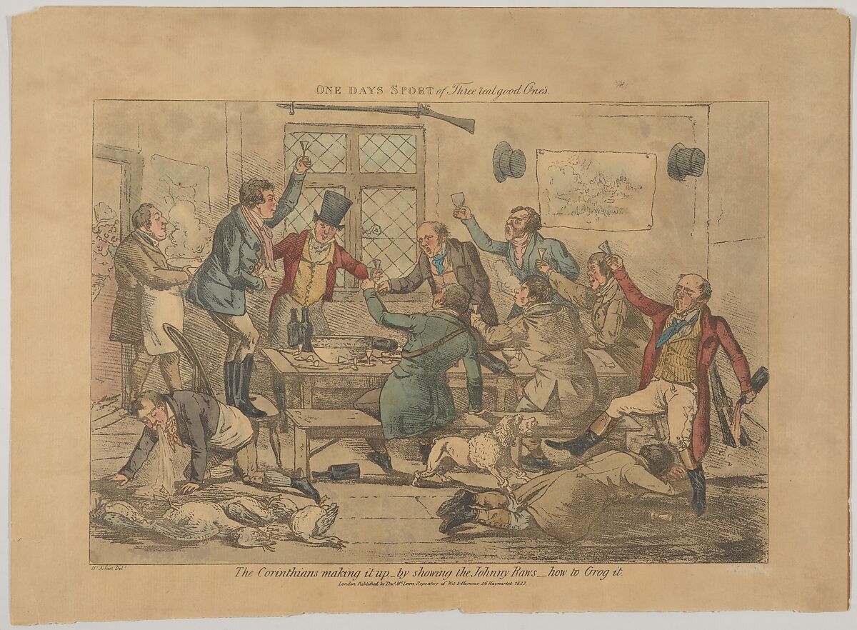 One Days Sport of Three Real Good Ones. The Corinthians making it up...by showing the Johnny Raws how to Grog it, Henry Thomas Alken (British, London 1785–1851 London), Hand-colored lithograph 