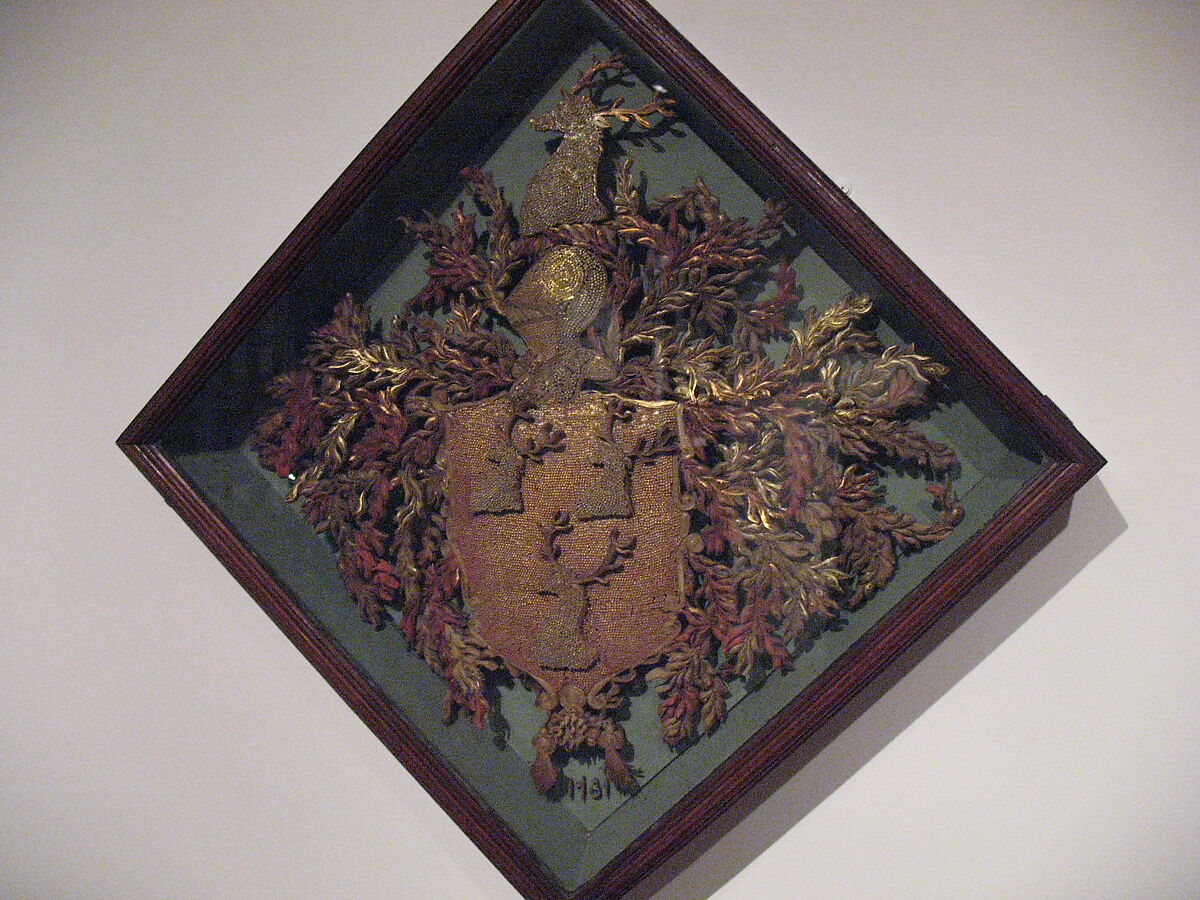 Quillwork hatchment of Dering coat of arms, Possibly made by Mary Dering (American, 1717–1779) or, Paper, mica, pearls, wood, glass, American 
