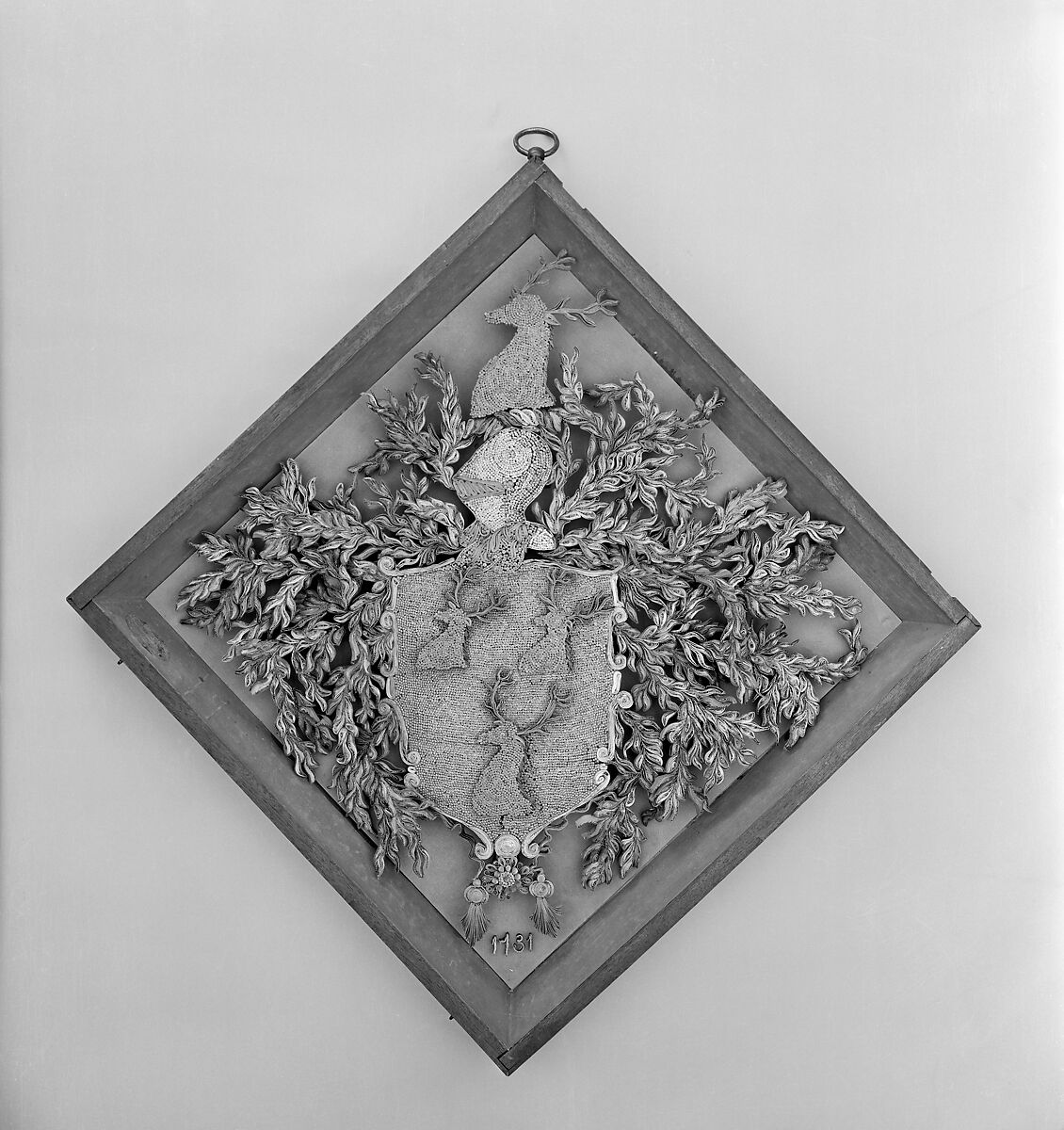 Quillwork hatchment of Dering coat of arms, Possibly made by Mary Dering (American, 1717–1779) or, Paper, mica, pearls, wood, glass, American