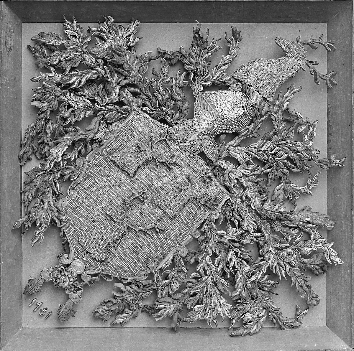 Quillwork hatchment of Dering coat of arms, Possibly made by Mary Dering (American, 1717–1779) or, Paper, mica, pearls, wood, glass, American