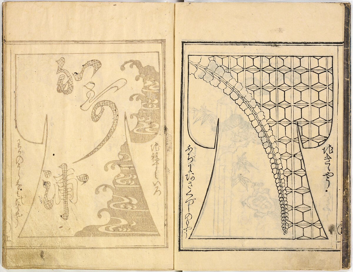 Kosode Pattern Book (On-Hiinagata), vol. 2, One of a set of two woodblock-printed books; ink and color on paper, Japan