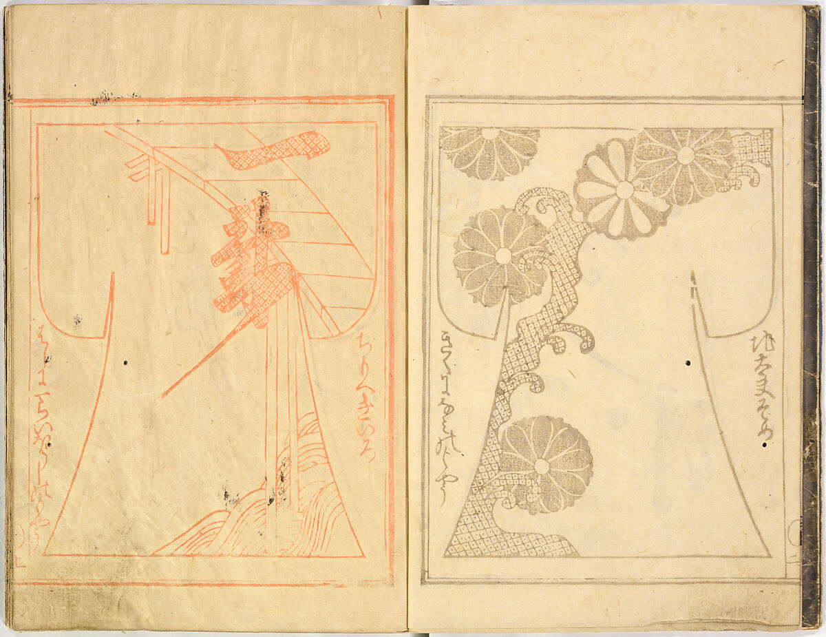 Kosode Pattern Book (On-Hiinagata), vol. 2, One of a set of two woodblock-printed books; ink and color on paper, Japan