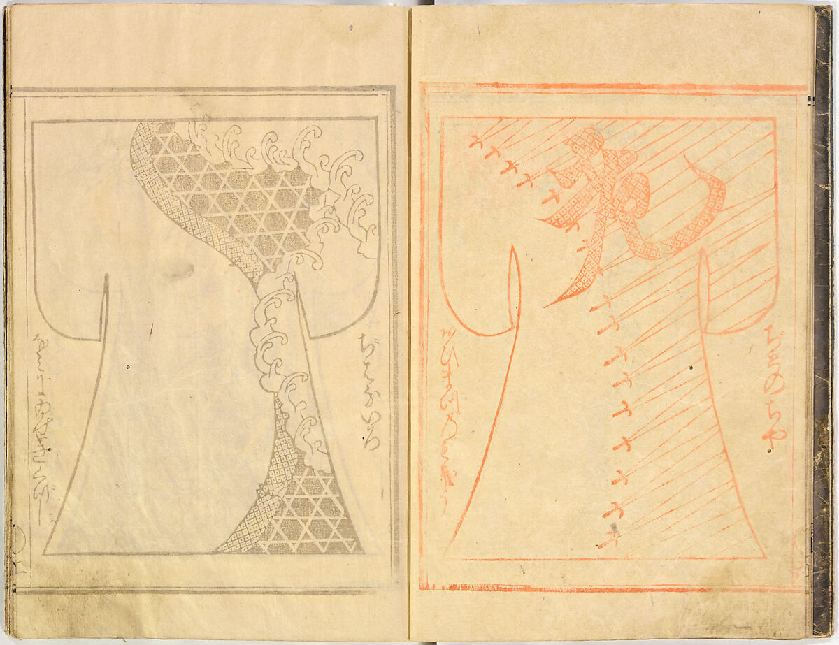 Kosode Pattern Book (On-Hiinagata), vol. 2, One of a set of two woodblock-printed books; ink and color on paper, Japan