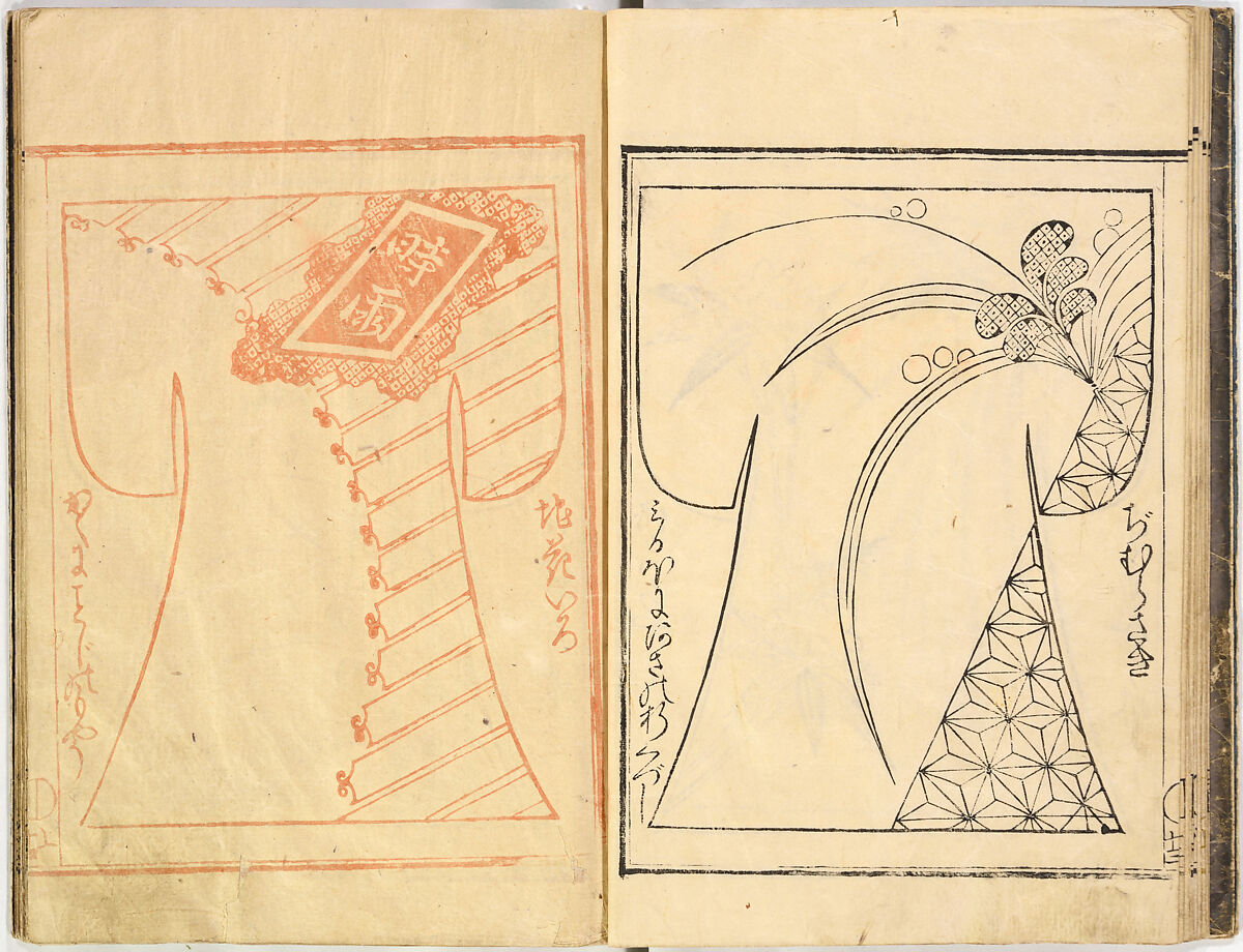 Kosode Pattern Book (On-Hiinagata), vol. 2, One of a set of two woodblock-printed books; ink and color on paper, Japan