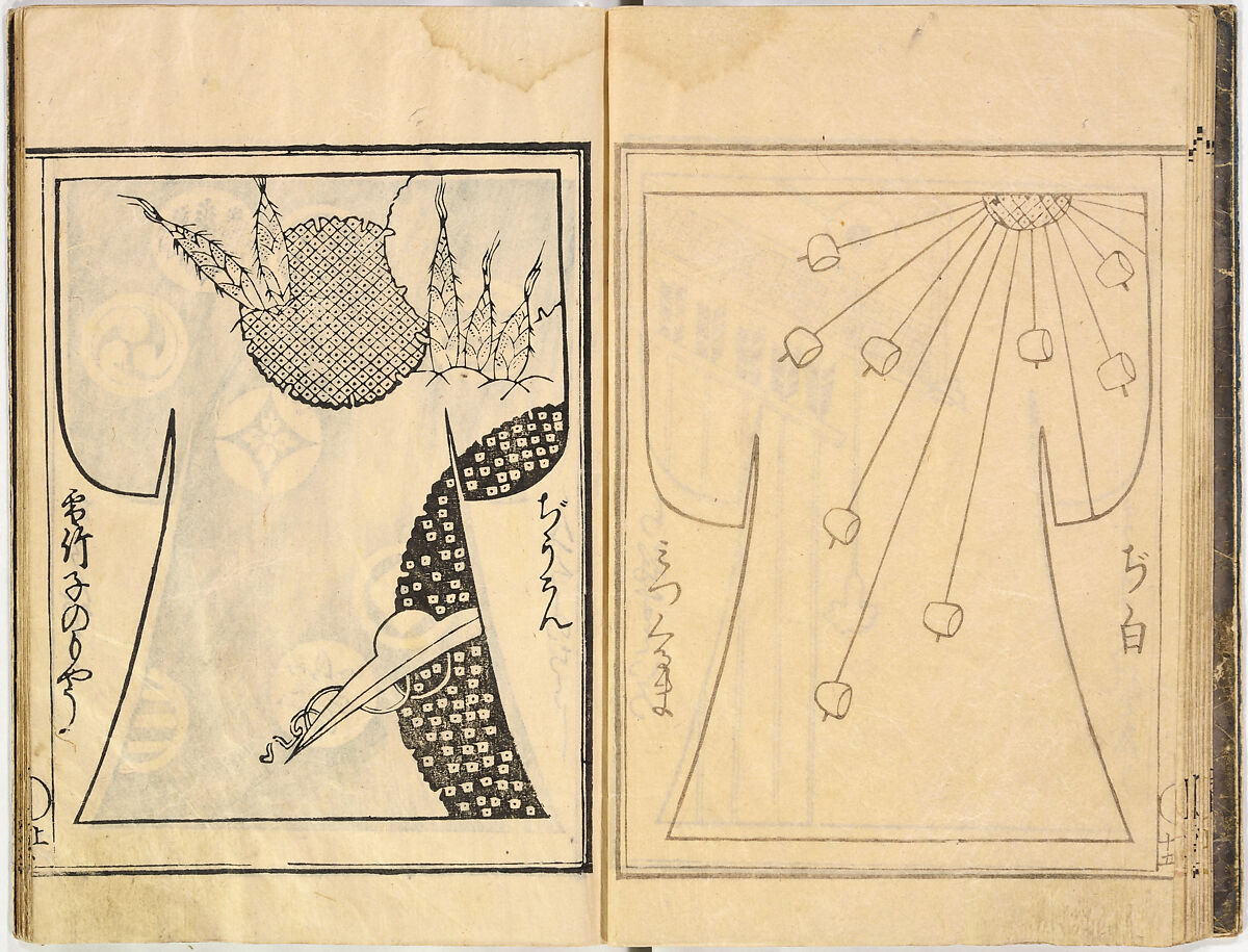 Kosode Pattern Book (On-Hiinagata), vol. 2, One of a set of two woodblock-printed books; ink and color on paper, Japan