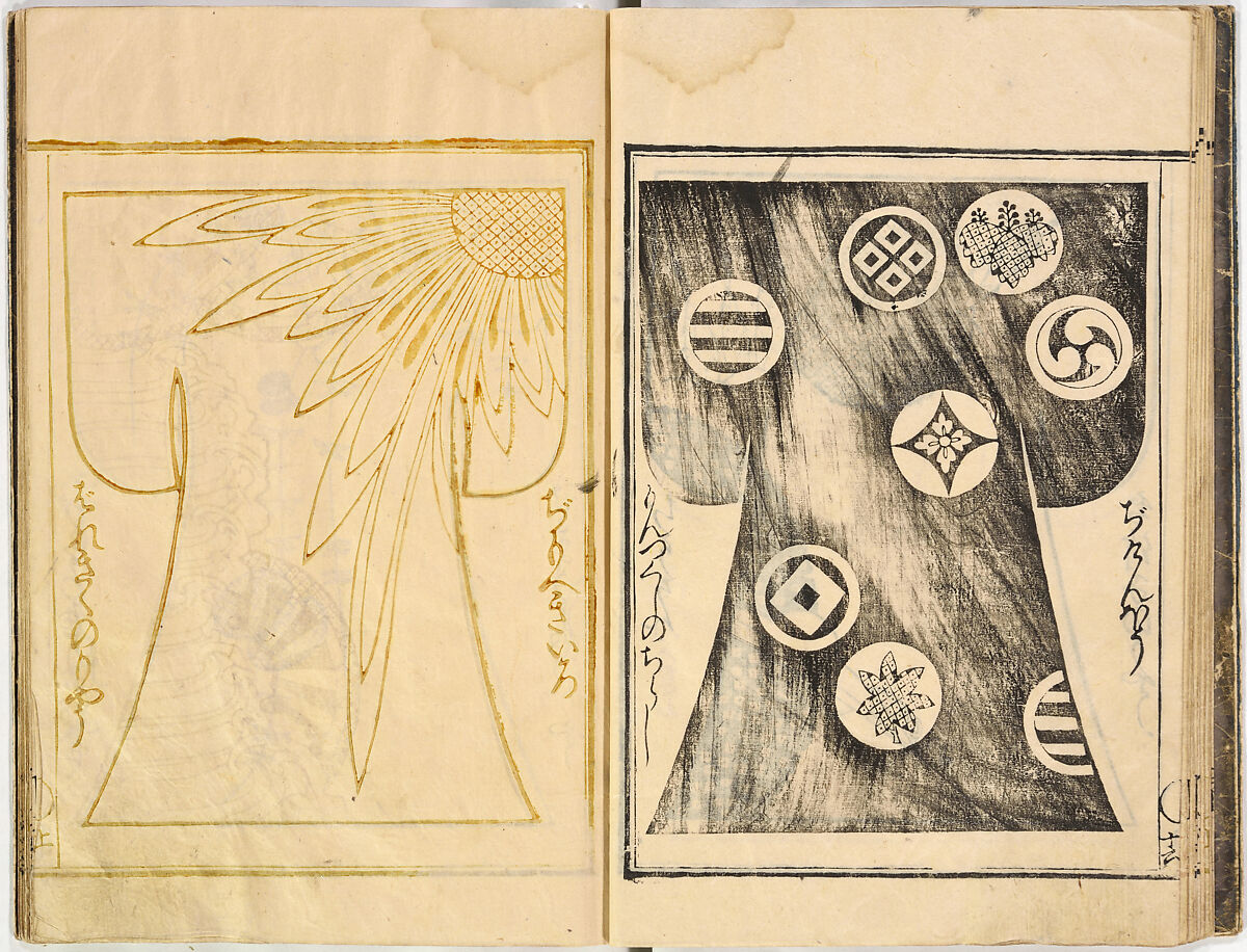 Kosode Pattern Book (On-Hiinagata), vol. 2, One of a set of two woodblock-printed books; ink and color on paper, Japan