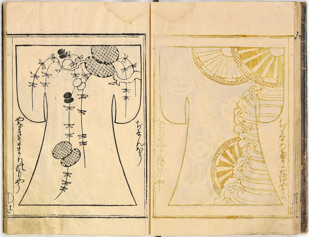 Kosode Pattern Book (On-Hiinagata), vol. 2, One of a set of two woodblock-printed books; ink and color on paper, Japan