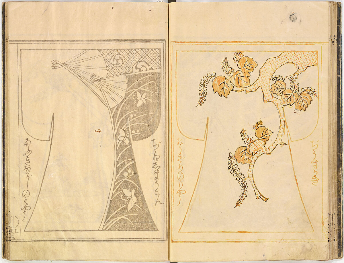 Kosode Pattern Book (On-Hiinagata), vol. 2, One of a set of two woodblock-printed books; ink and color on paper, Japan