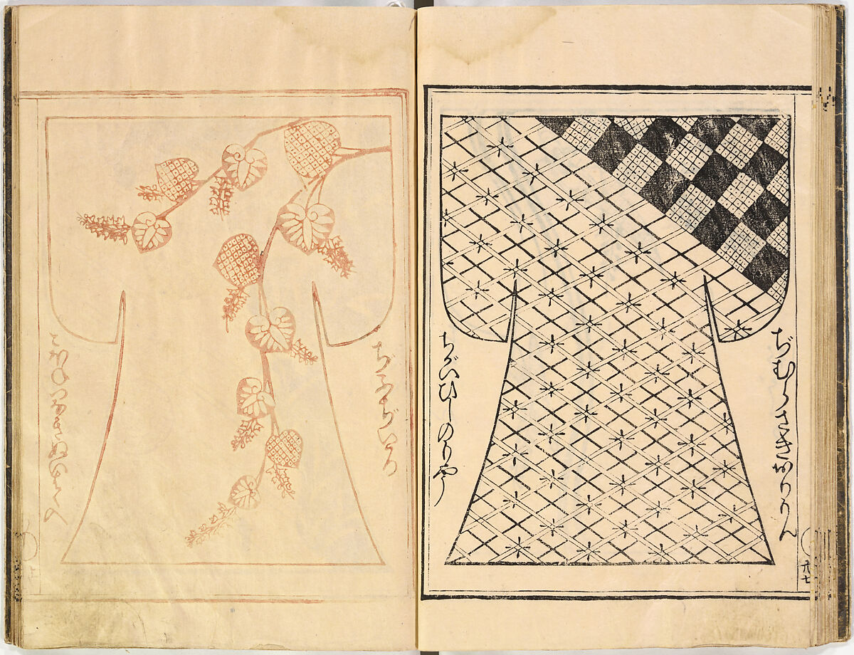 Kosode Pattern Book (On-Hiinagata), vol. 2, One of a set of two woodblock-printed books; ink and color on paper, Japan