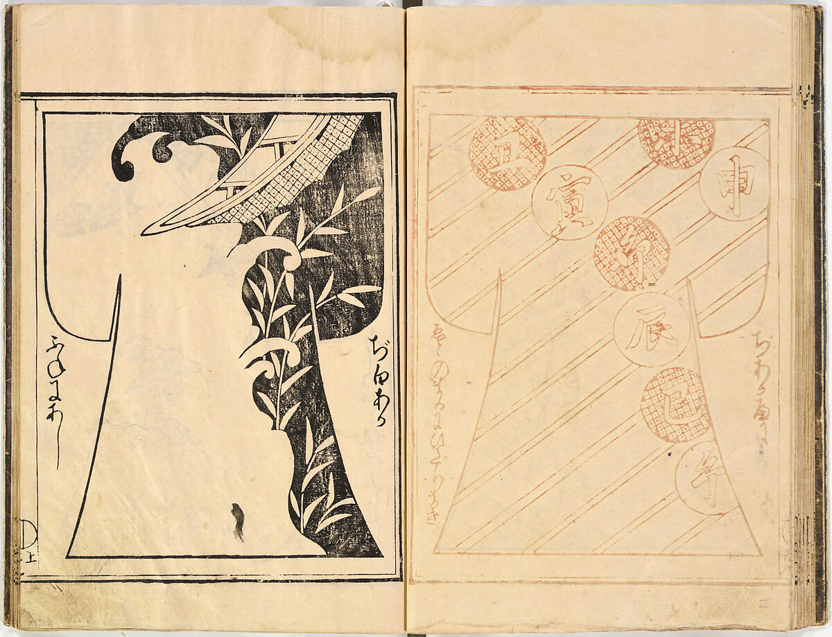 Kosode Pattern Book (On-Hiinagata), vol. 2, One of a set of two woodblock-printed books; ink and color on paper, Japan