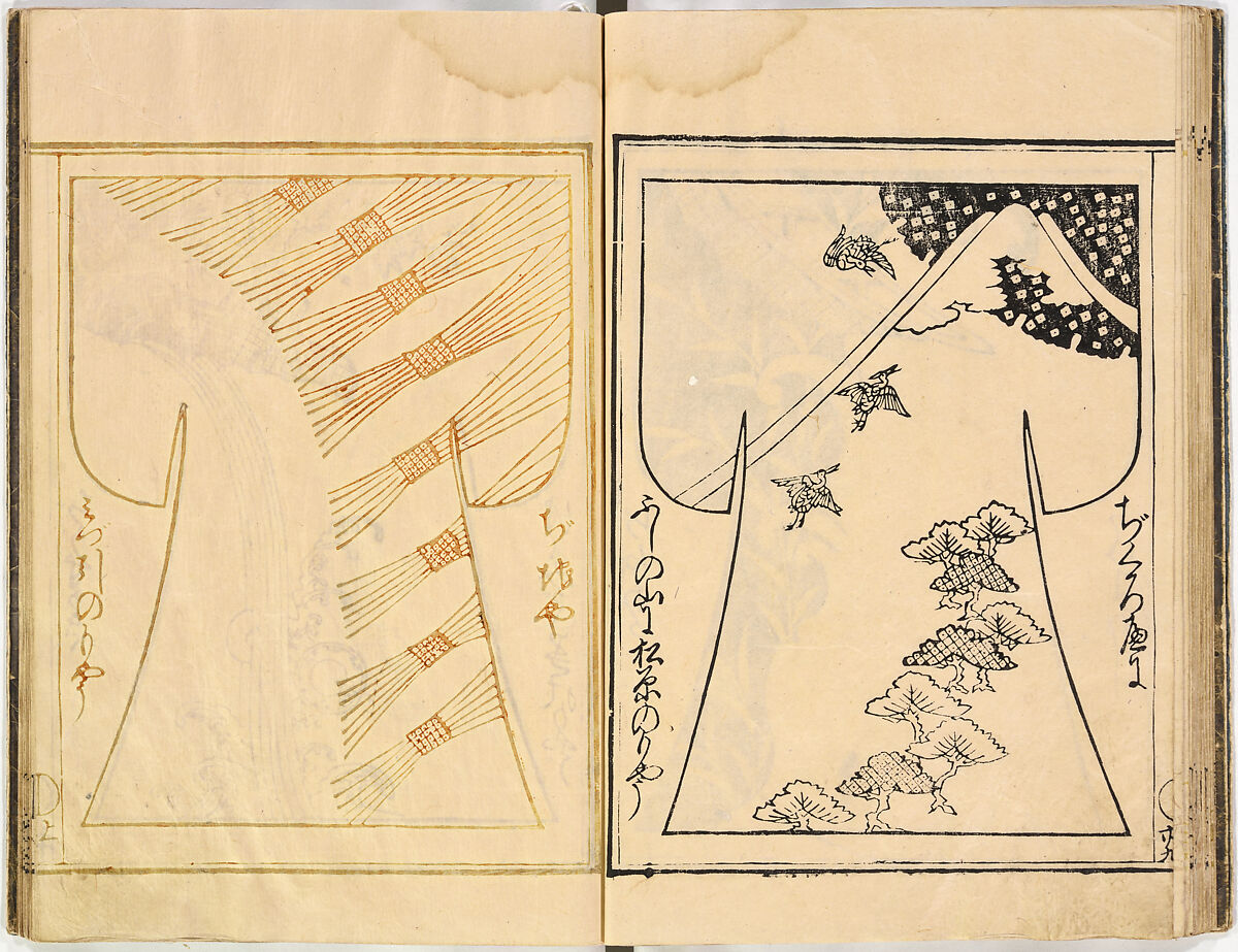 Kosode Pattern Book (On-Hiinagata), vol. 2, One of a set of two woodblock-printed books; ink and color on paper, Japan