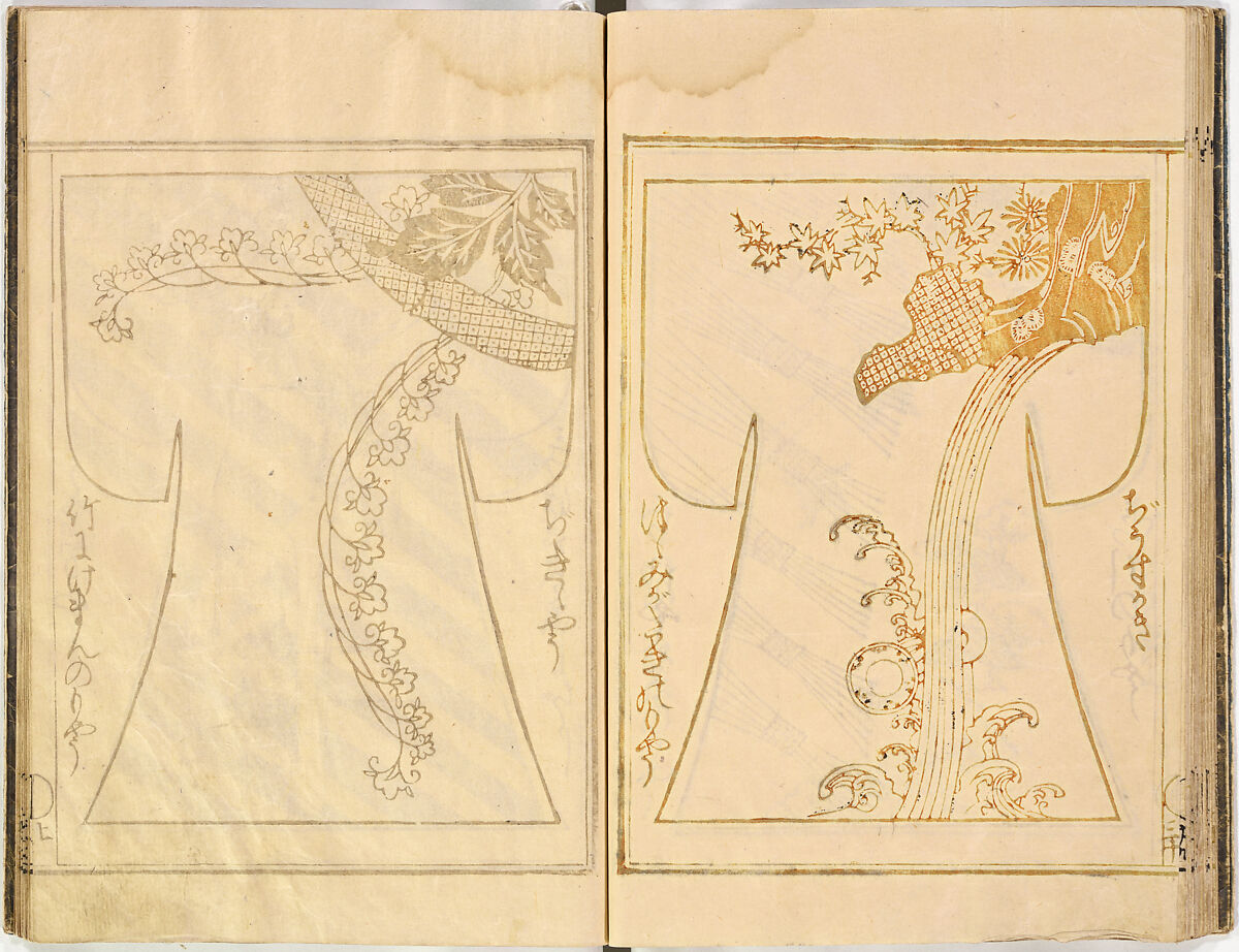 Kosode Pattern Book (On-Hiinagata), vol. 2, One of a set of two woodblock-printed books; ink and color on paper, Japan