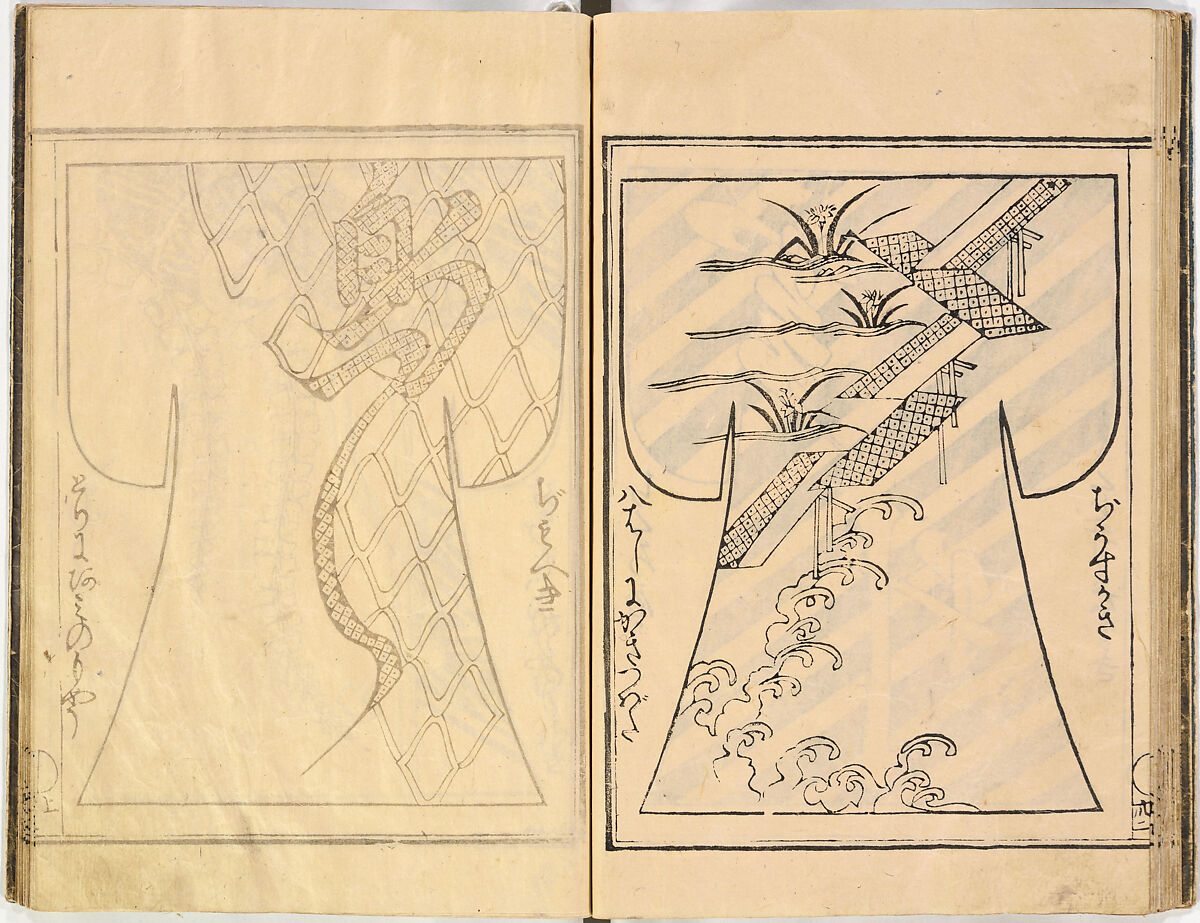 Kosode Pattern Book (On-Hiinagata), vol. 2, One of a set of two woodblock-printed books; ink and color on paper, Japan