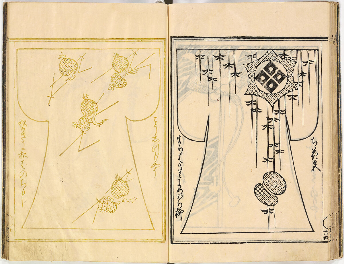 Kosode Pattern Book (On-Hiinagata), vol. 2, One of a set of two woodblock-printed books; ink and color on paper, Japan