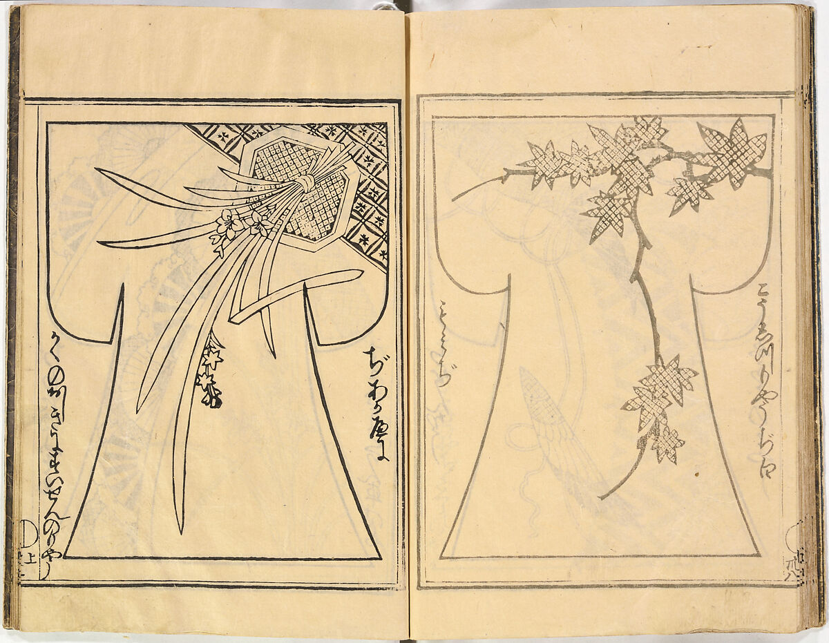Kosode Pattern Book (On-Hiinagata), vol. 2, One of a set of two woodblock-printed books; ink and color on paper, Japan